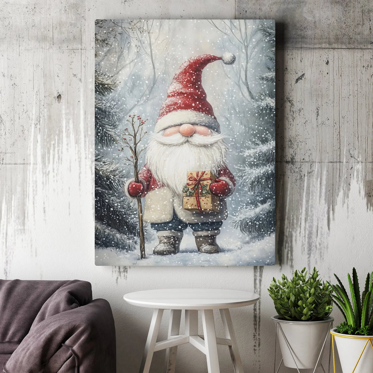 Winter Forest Gnome Canvas Print, Christmas Gnome Canvas Wall Art, Holiday Gnome Wall Decor, Christmas Canvas Art, Family Xma