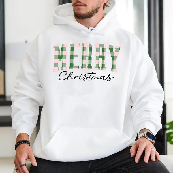 Buffalo Plaid Checkered Lettering Sweatshirt, Merry Christmas Hoodie, Comfy Holiday Winter Pullover, Festive Christmas Party 