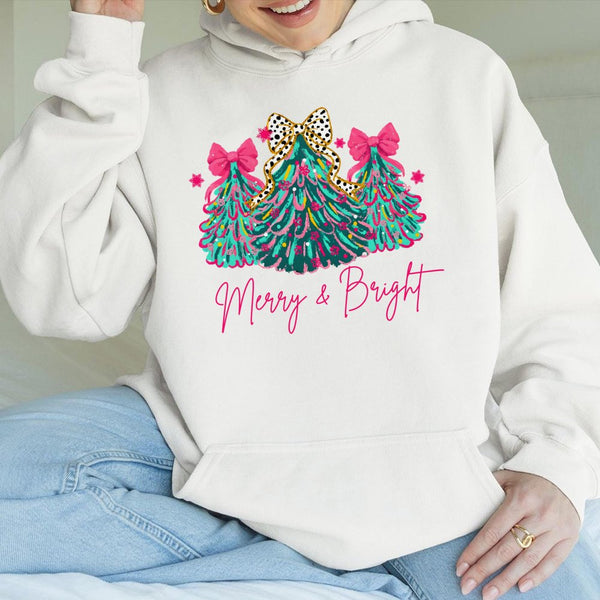Pastel Christmas Tree Hooded Sweatshirt, Merry and Bright Christmas Hoodie, Aesthetic Holiday Hoodie, Comfy Winter Pullover P