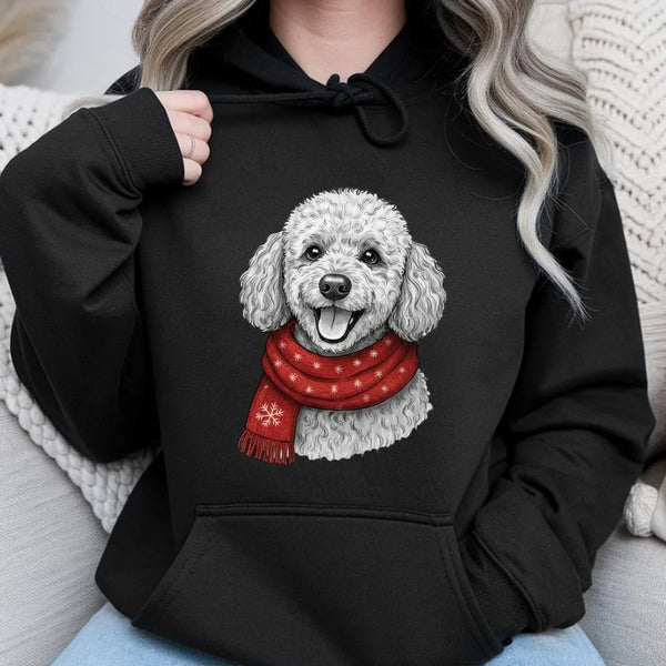 Festive Dog Scarf Sweatshirt, Poodle Christmas Hoodie, Adorable Puppy Winter Hooded Pullover, Retro Holiday Dog Lover Hoodie,
