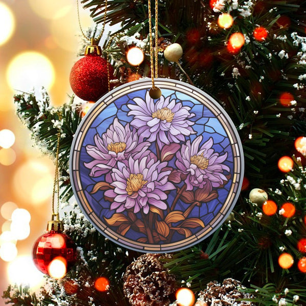 Purple Floral Christmas Ornament, Stained Glass Chrysanthemum Ornament, Botanical Flower Tree Ornament, Ceramic Garden Orname