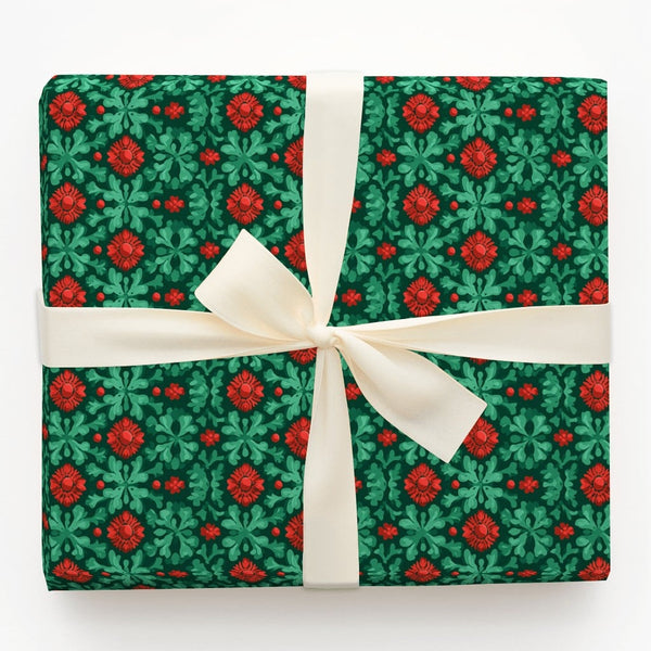 Folk Art Christmas Gift Wrap, Red Poinsettia Wrapping Paper, Vintage Floral Holiday Wrapping Paper, Botanical Xmas Gift Wrapp