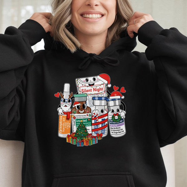 Medical Vials Holiday Sweatshirt, Nurse Christmas Hoodie, Adorable Cartoon Nurse Hoodie, ICU Doctor Winter Hooded Pullover, X