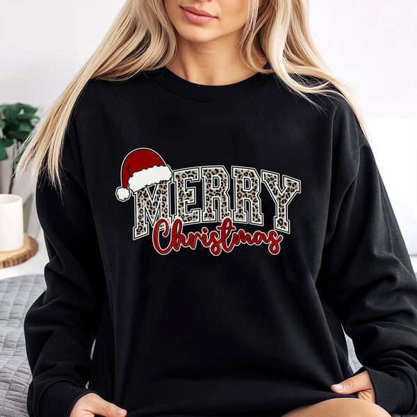 Retro Santa Hat Holiday Sweater, Merry Christmas Leopard Print Sweatshirt, Preppy Xmas Graphic Crewneck, Adorable Winter Pull