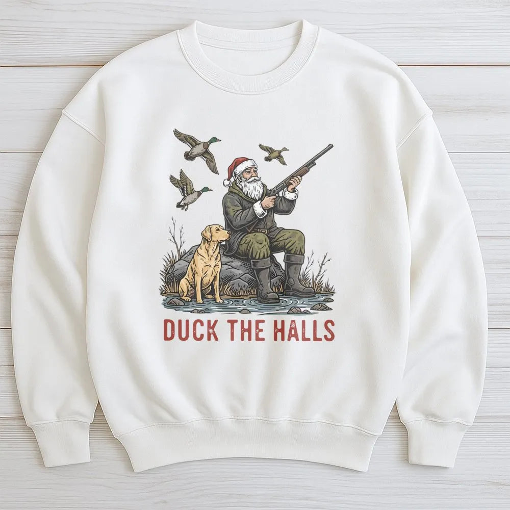 Santa Duck Hunting Sweatshirt, Duck the Halls Christmas Sweatshirt, Humorous Duck Hunter Crewneck, Holiday Hunting Pullover, 