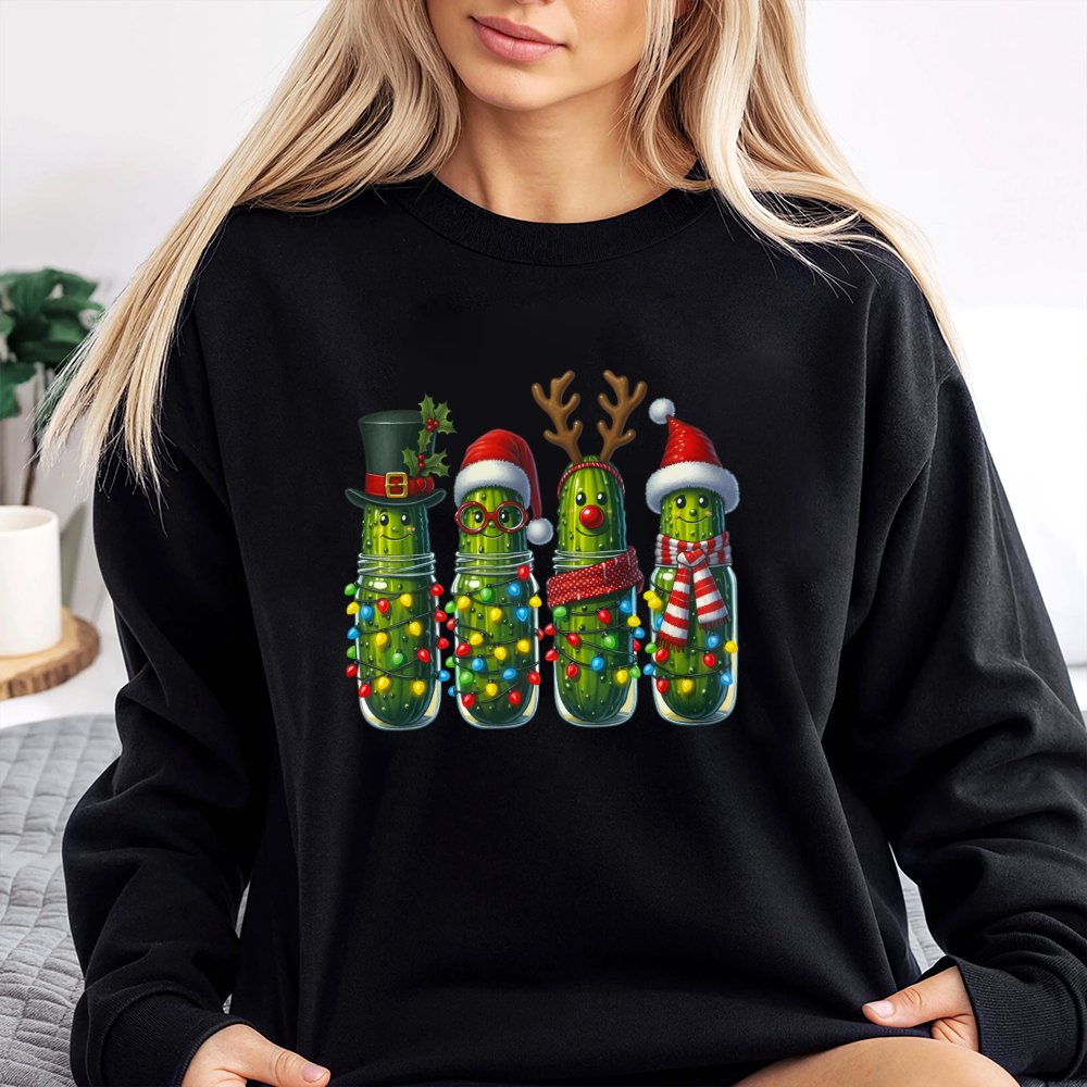 Holiday Pickle Jar Fairy Lights Sweater, Christmas Pickle Sweatshirt, Humorous Pickle Christmas Crewneck, Festive Food Lover 
