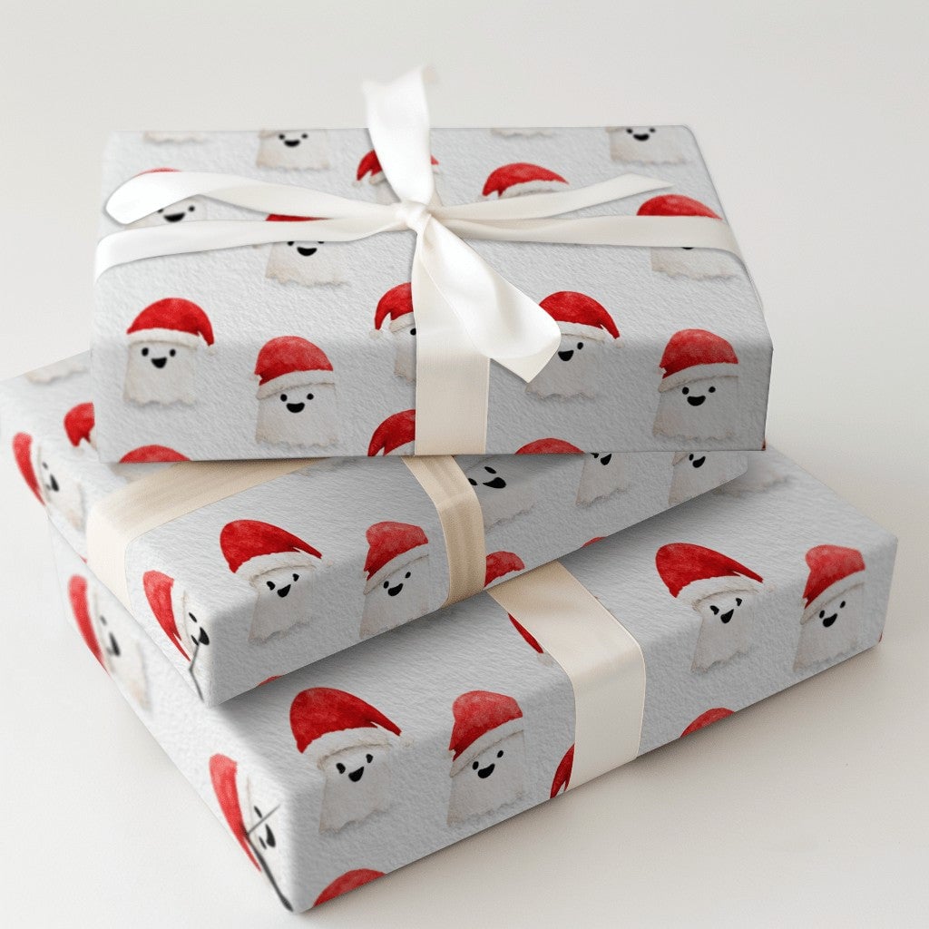 Spooky Santa Hat Gift Wrap, Christmas Ghost Wrapping Paper, Adorable Watercolor Ghost Holiday Wrapping Paper, Whimsical Winte