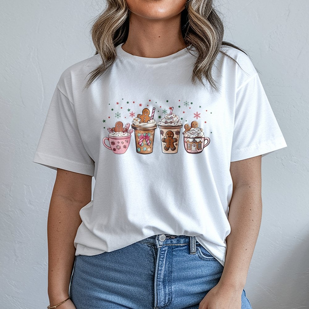 Adorable Holiday Hot Cocoa Graphic Tee, Gingerbread Coffee Christmas T-Shirt, Festive Gingerbread Baker Shirt, Winter Season 