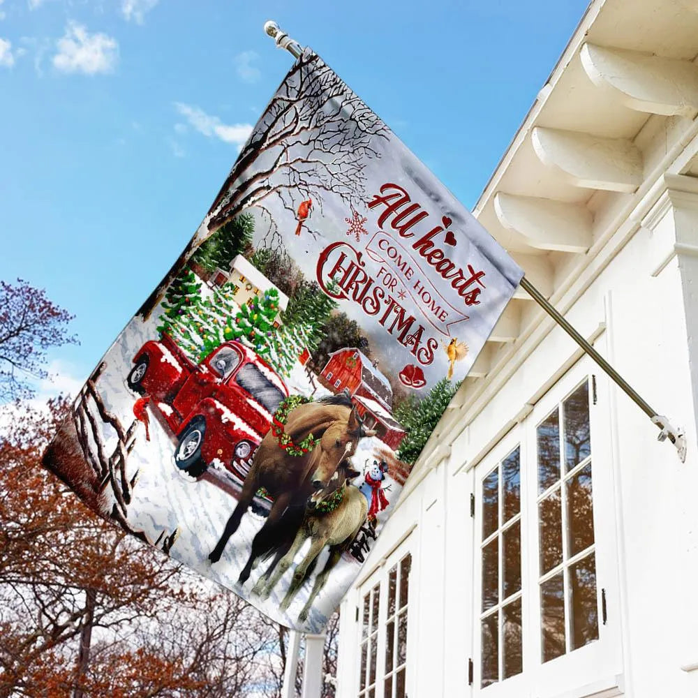 Red Truck Winter Horse Yard Flag, All Hearts Come Home for Christmas Garden Flag, Double-Sided Holiday Farmhouse Lawn Flag, X