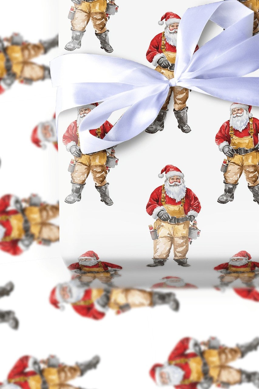 Tan Overalls Santa Claus Gift Wrap, Carpenter Santa Wrapping Paper, Handyman DIY Christmas Wrapping Paper, Builder Holiday Pr