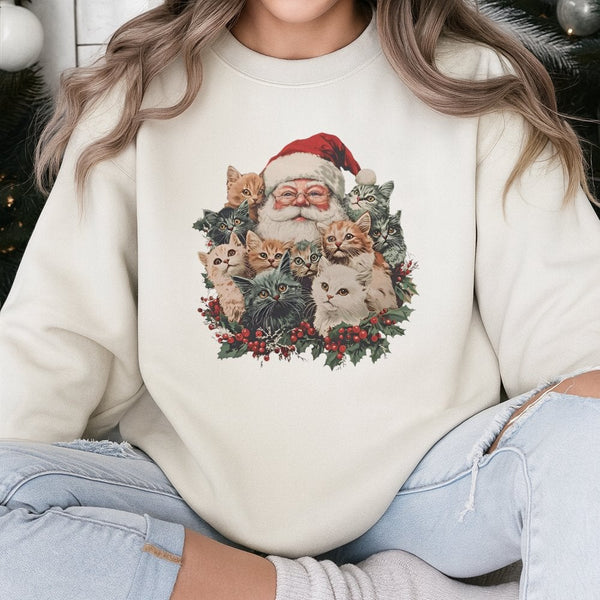 Retro Cat Lover Holiday Sweater, Santa Claus and Kittens Christmas Sweatshirt, Festive Cat Christmas Crewneck, Xmas Pullover 