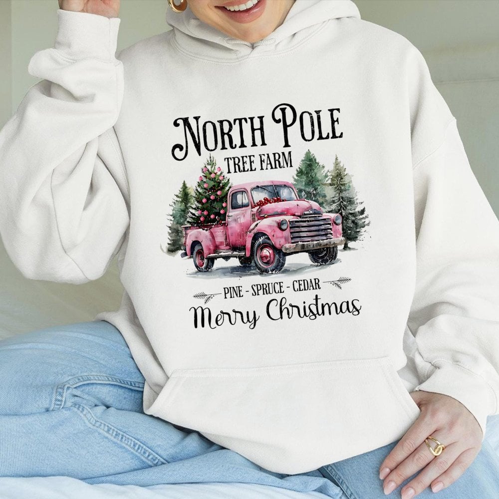 Retro Pink Christmas Truck Sweatshirt, North Pole Tree Farm Hoodie, Festive Farmhouse Holiday Pullover, Comfy Xmas Winter Swe