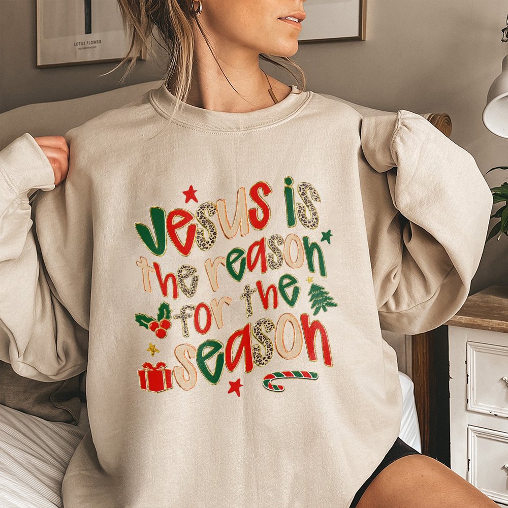 Leopard Print Christian Christmas Crewneck, Jesus Is the Reason for the Season Sweatshirt, Faith Holiday Pullover, Winter Jes
