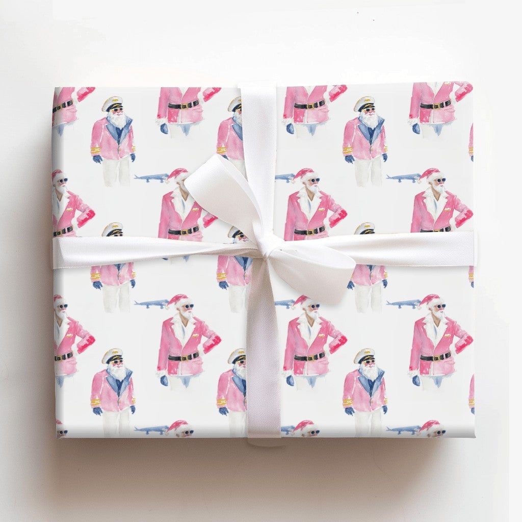 Pink Santa Claus Gift Wrap, Pilot Santa Wrapping Paper, Aviation Travel Christmas Paper, Adorable Airplane Gift Wrap, Holiday