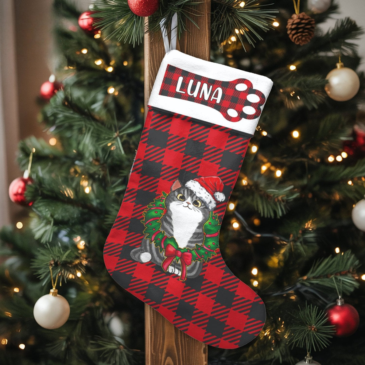 Grey Tabby Kitten Holiday Stocking, Personalized Cat Christmas Stocking, Santa Hat Wreath Pet Stocking, Custom Cat Lover Chri