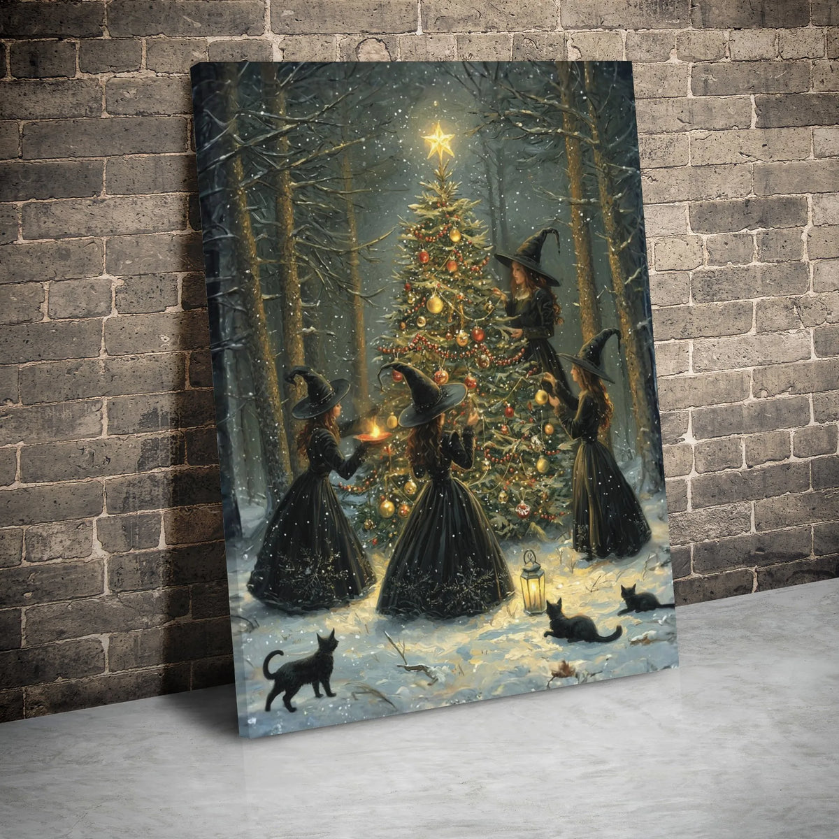 Snowy Forest Gothic Art Canvas, Witches Decorating Christmas Tree Canvas, Witchy Christmas Canvas Print, Dark Cottagecore Hol