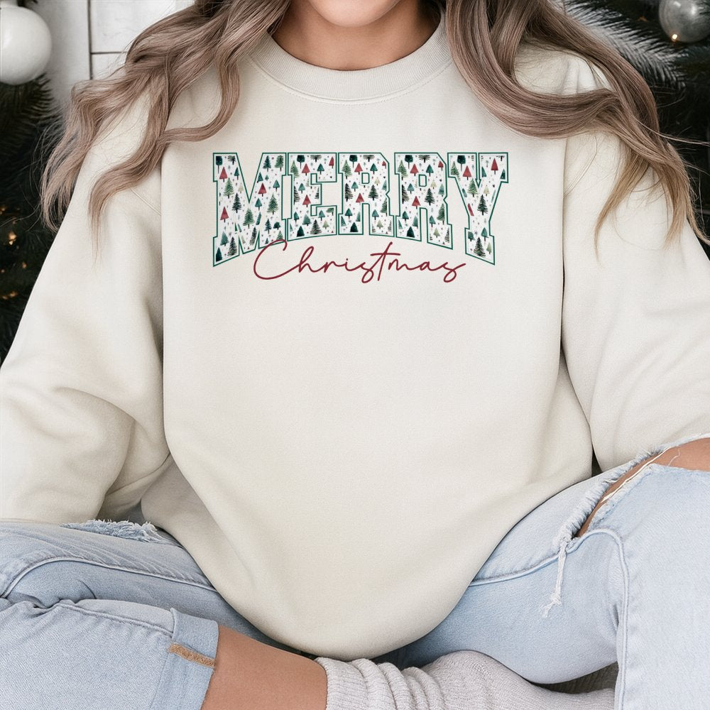 Retro Tree Pattern Holiday Sweatshirt, Merry Christmas Sweatshirt, Vintage Xmas Tree Graphic Sweatshirt, Comfy Winter Holiday