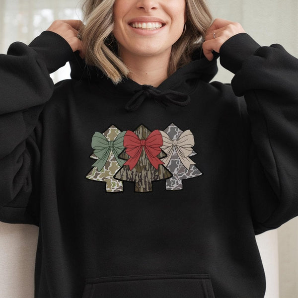 Coquette Bow Holiday Sweatshirt, Camo Christmas Tree Hoodie, Camouflage Tree Pullover, Outdoorsy Hunting Christmas Hooded Swe