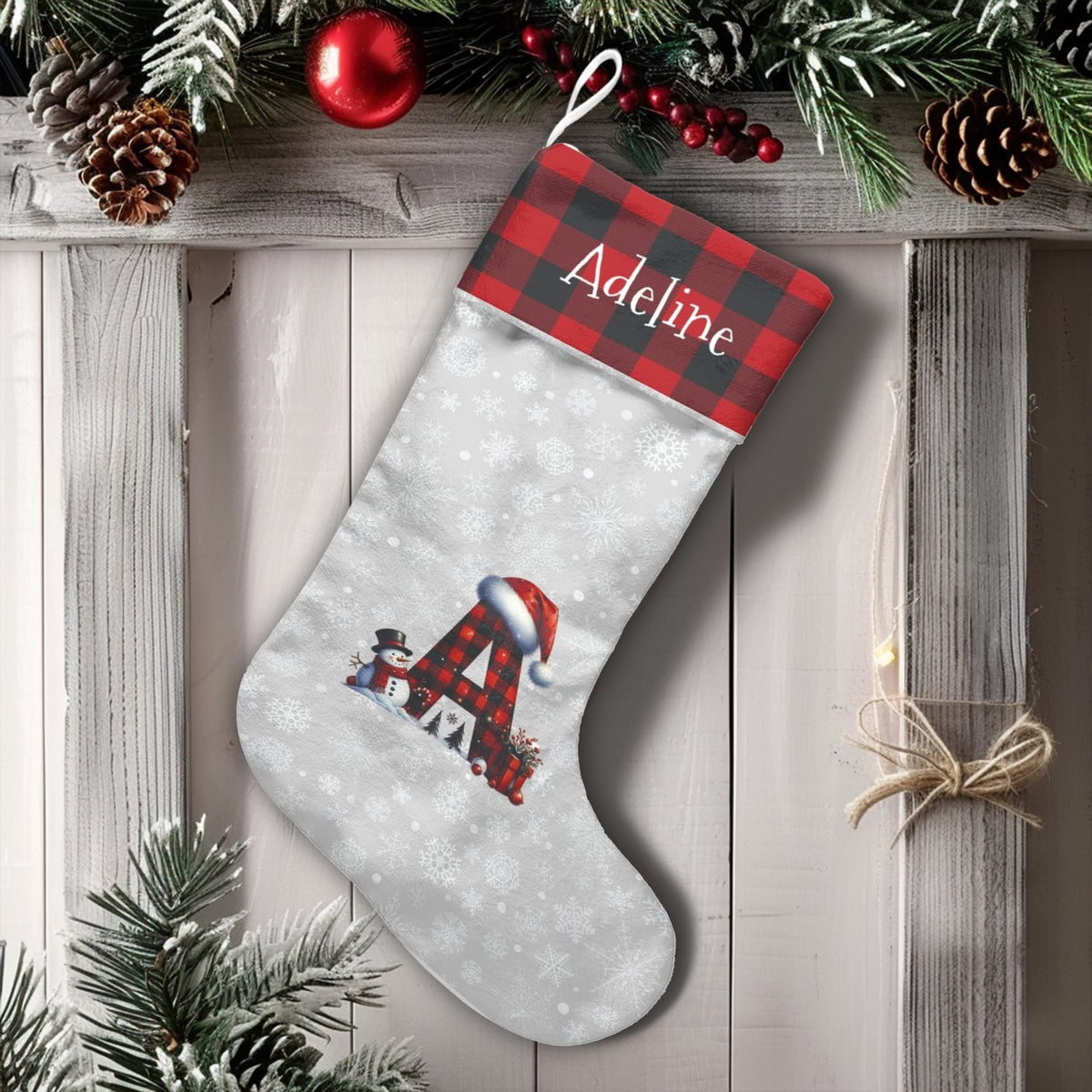 Buffalo Plaid Custom Name Stocking, Personalized Initial A Christmas Stocking, Rustic Monogram Holiday Stocking, Family Mantl