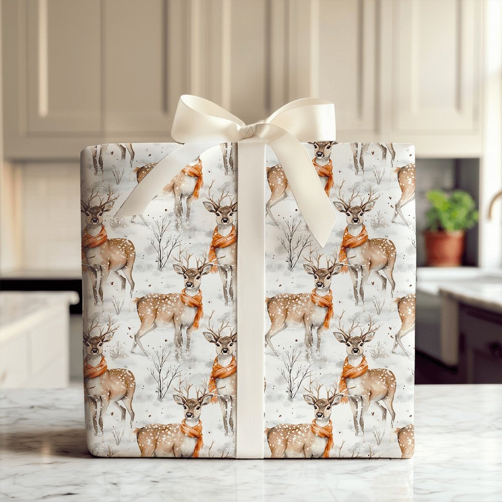 Winter Woodland Animal Gift Wrap, Watercolor Deer Christmas Wrapping Paper, Rustic Holiday Deer Wrapping Paper, Snowy Forest 