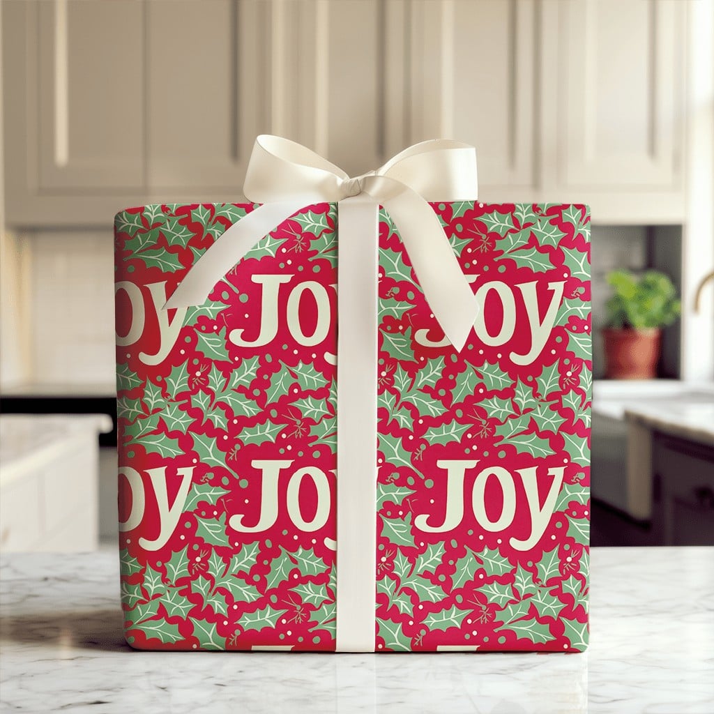 Red Holly Berry Gift Wrap, JOY Christmas Wrapping Paper, Festive Holiday Wrapping Paper, Xmas Gift Wrap Roll, Winter Present 