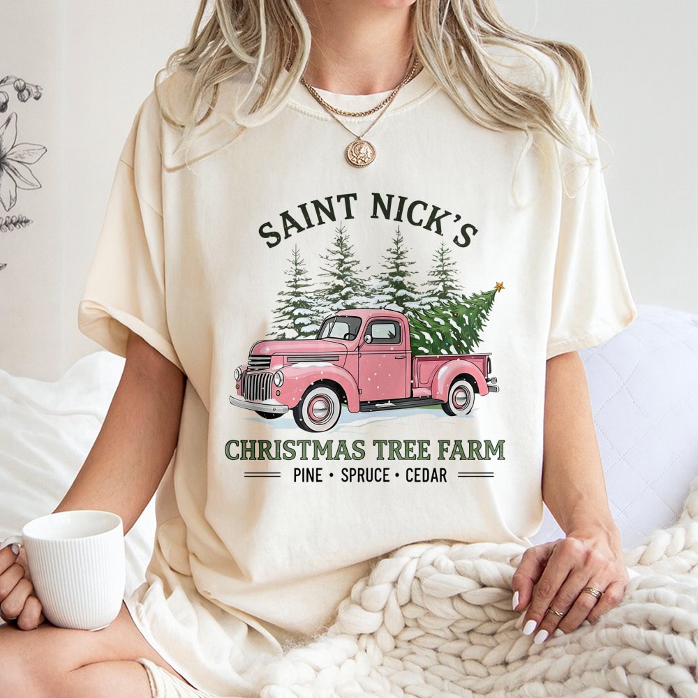 Pink Vintage Truck T-Shirt, Saint Nick's Christmas Tree Farm T-Shirt, Retro Holiday Farm Graphic T-Shirt, Adorable Xmas Tree 