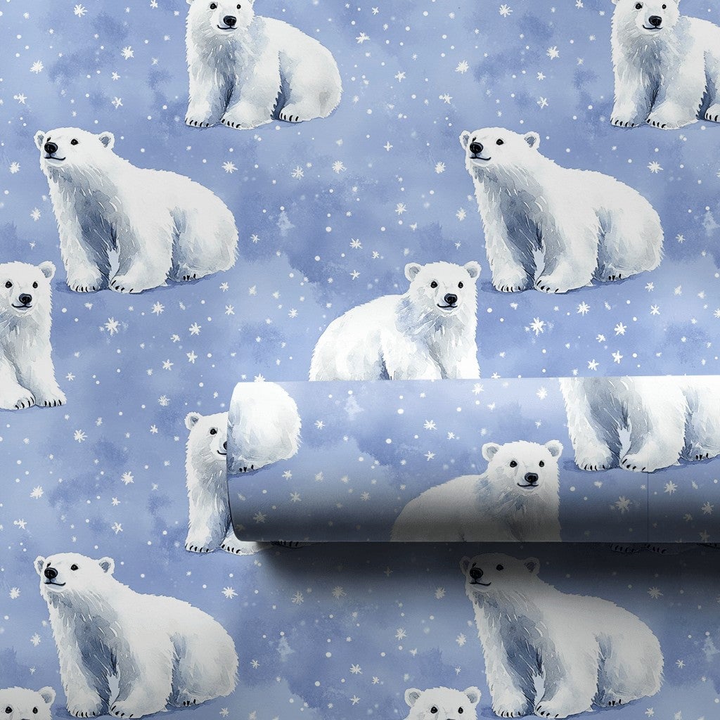 Snowy Night Polar Bear Gift Wrap, Polar Bear Christmas Wrapping Paper, Winter Wildlife Wrapping Paper, Holiday Present Wrappi