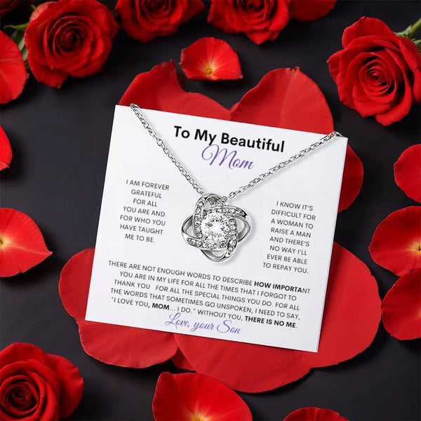 Message Card Necklace, Love Knot Necklace for Mom from Son, White Gold Finish Necklace, Christmas Mom Jewelry, Birthday Prese