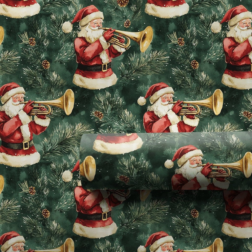 Musical Christmas Gift Wrap, Vintage Santa Trumpet Wrapping Paper, Pine Branch Holiday Present Paper, Dark Green Xmas Gift Wr