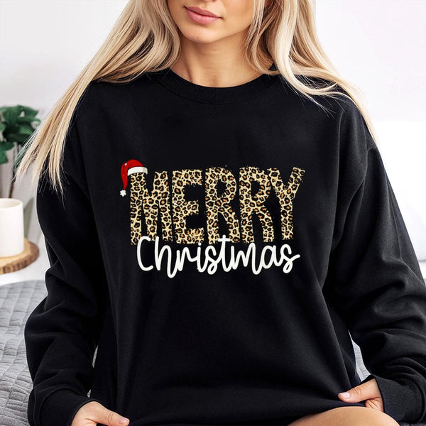 Leopard Print Christmas Sweatshirt, Merry Christmas Sweatshirt, Festive Holiday Sweatshirt, Adorable Xmas Crewneck, Comfy Win