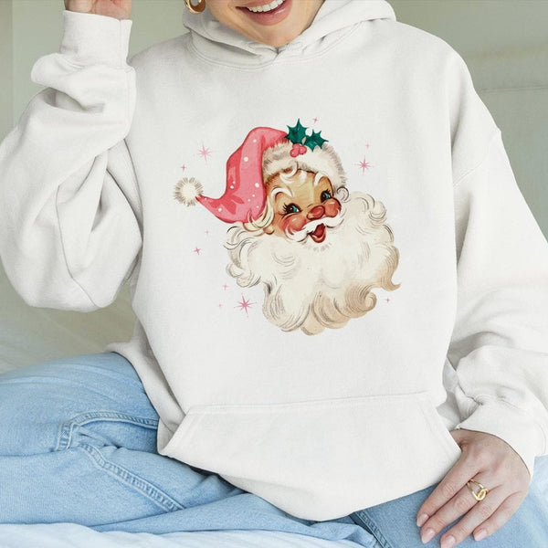 Pink Vintage Christmas Graphic Pullover, Retro Santa Hoodie, Adorable Coquette Holiday Hooded Sweatshirt, Girly Pastel Winter