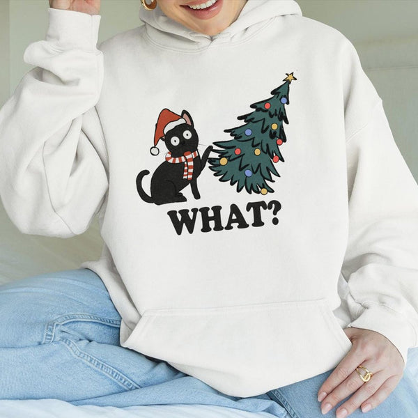 Humorous Cat Tree Graphic Hoodie, Naughty Black Cat Christmas Hoodie, Adorable Xmas Kitten Hoodie, Holiday Pullover Sweatshir