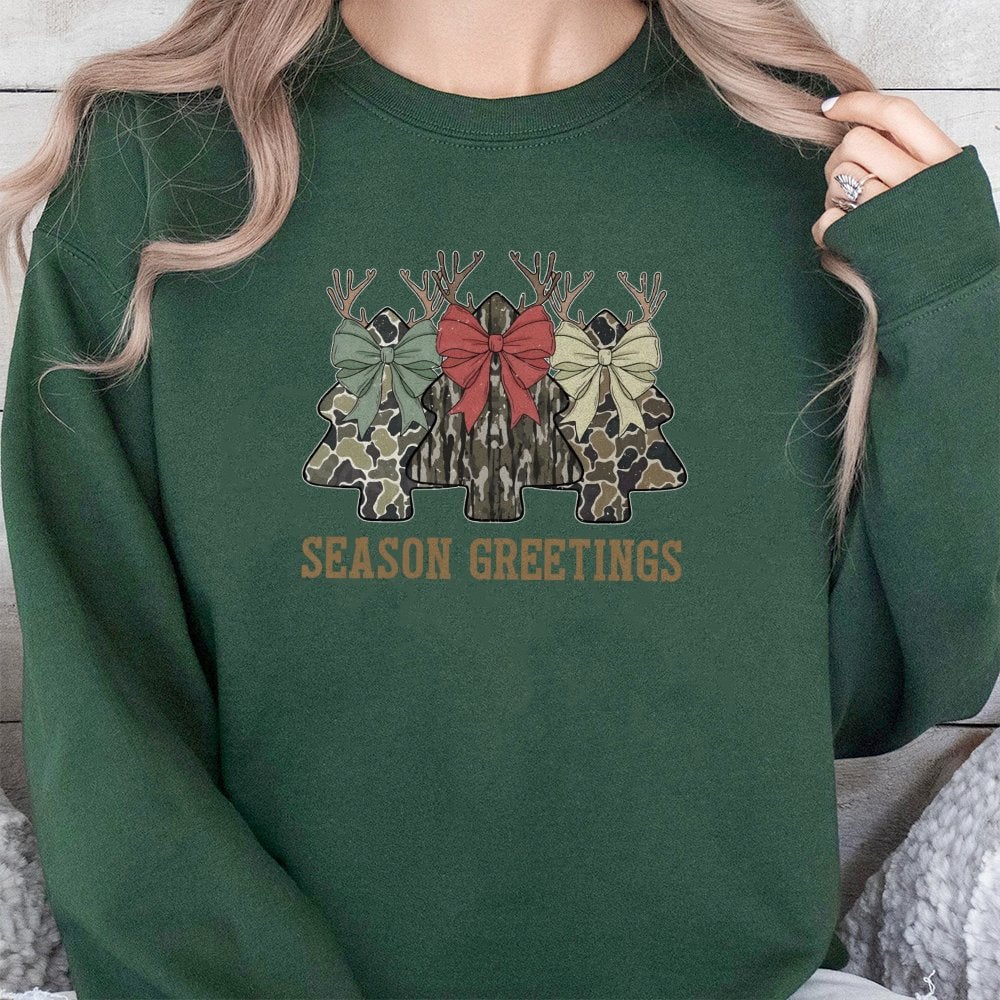 Coquette Bow Holiday Graphic Crewneck, Camo Christmas Tree Sweatshirt, Camouflage Xmas Tree Sweater