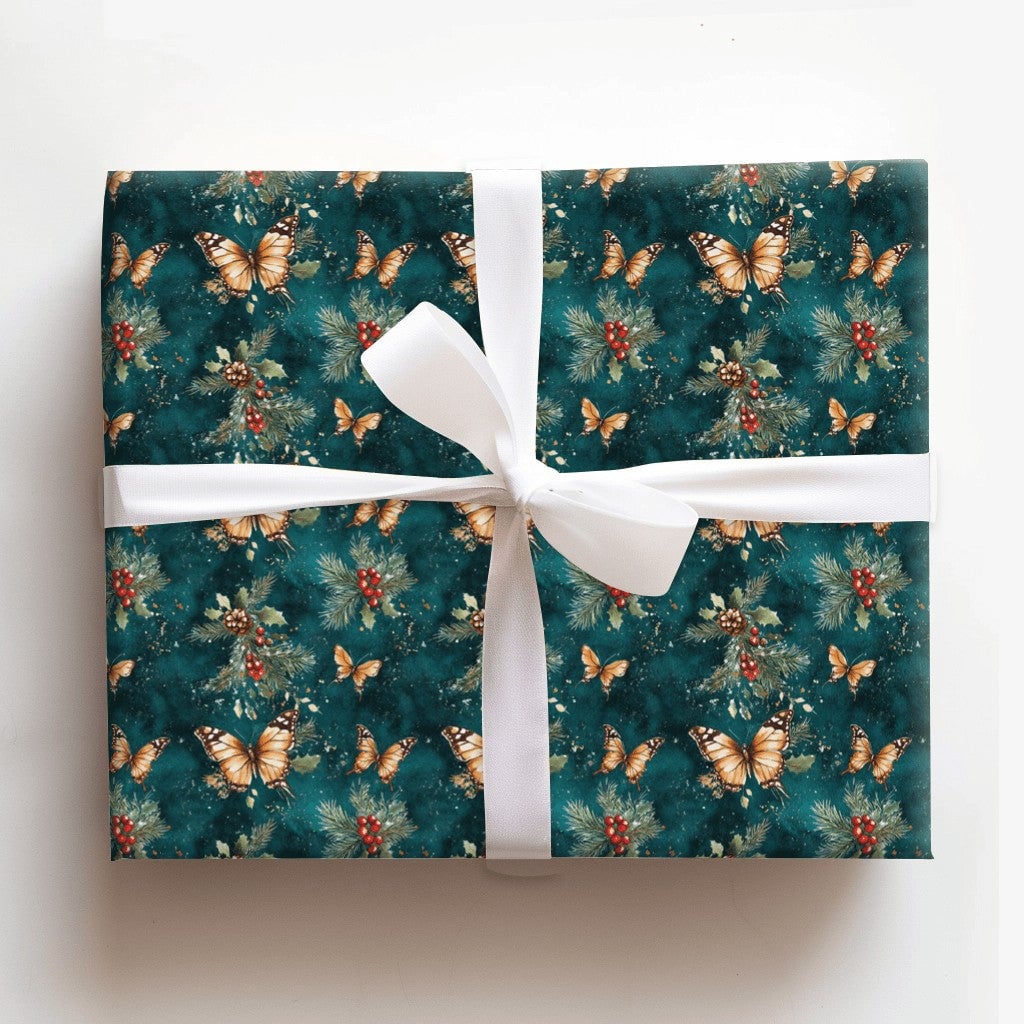 Orange Monarch Botanical Holiday Gift Wrap, Butterfly Holly Christmas Wrapping Paper, Teal Winter Foliage Wrapping Paper, Nat