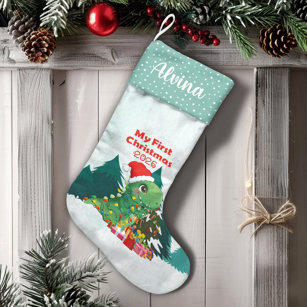 Baby First Christmas Stocking, Personalized Dinosaur Christmas Stocking, Custom Dino Holiday Stocking, Adorable Baby Keepsake