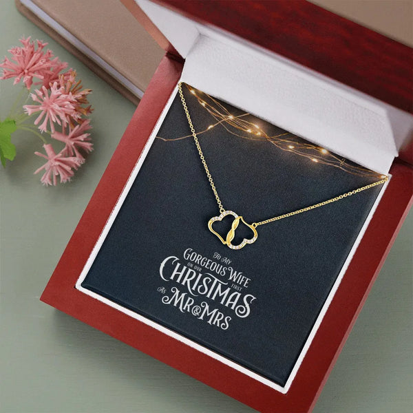 10k Solid Gold Heart Necklace, First Christmas Married Necklace, Interlocking Hearts Diamond Necklace, Romantic Holiday Prese