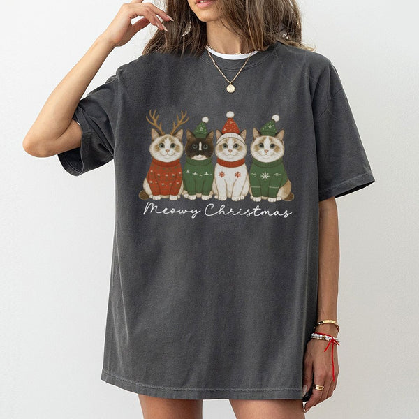 Adorable Kittens in Sweaters Tee, Meowy Christmas Cat T-Shirt, Humorous Winter Cat Lover T-Shirt, Festive Graphic Cat Shirt, 