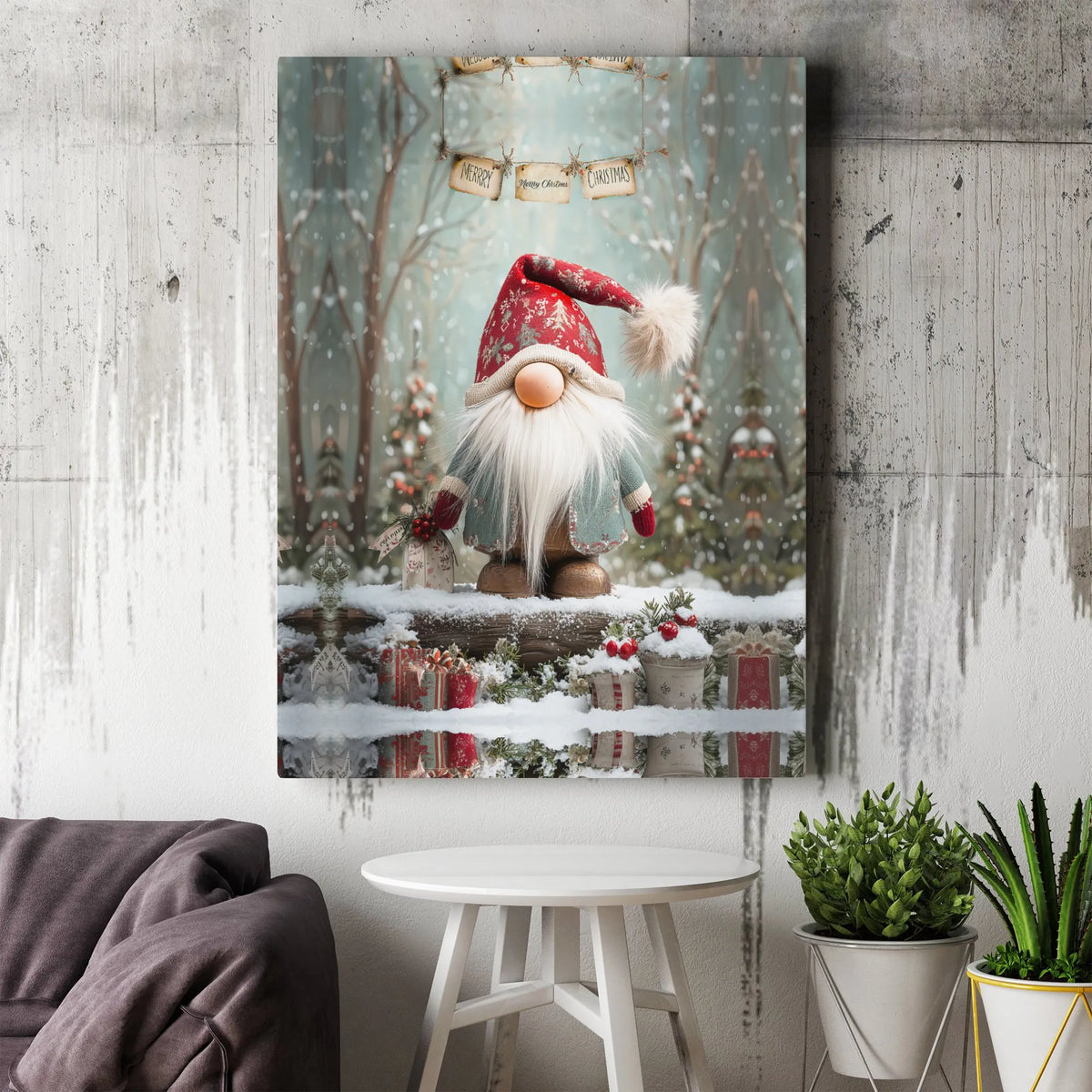 Snowy Winter Forest Canvas Print, Christmas Gnome Canvas Wall Art, Adorable Holiday Gnome Canvas Decor, Festive Xmas Wall Art