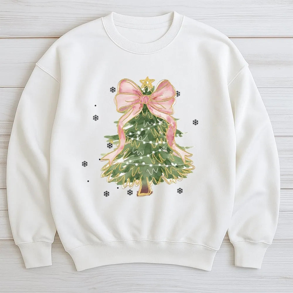 Aesthetic Pink Bow Holiday Crewneck, Coquette Christmas Tree Sweatshirt, Adorable Winter Tree Pullover, Trendy Girly Xmas Pre