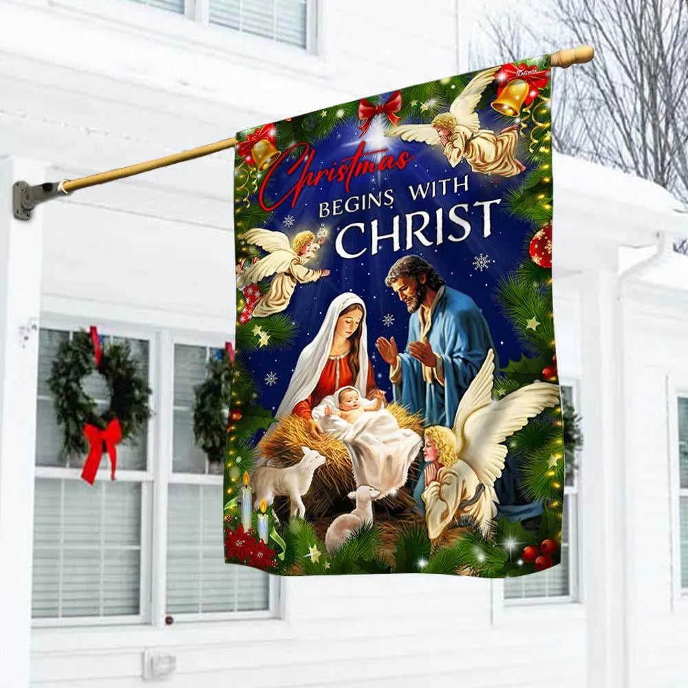 Nativity Scene Holy Family Lawn Flag, Christmas Begins with Christ Garden Flag, Double-Sided Christian Holiday Yard Decor, Je