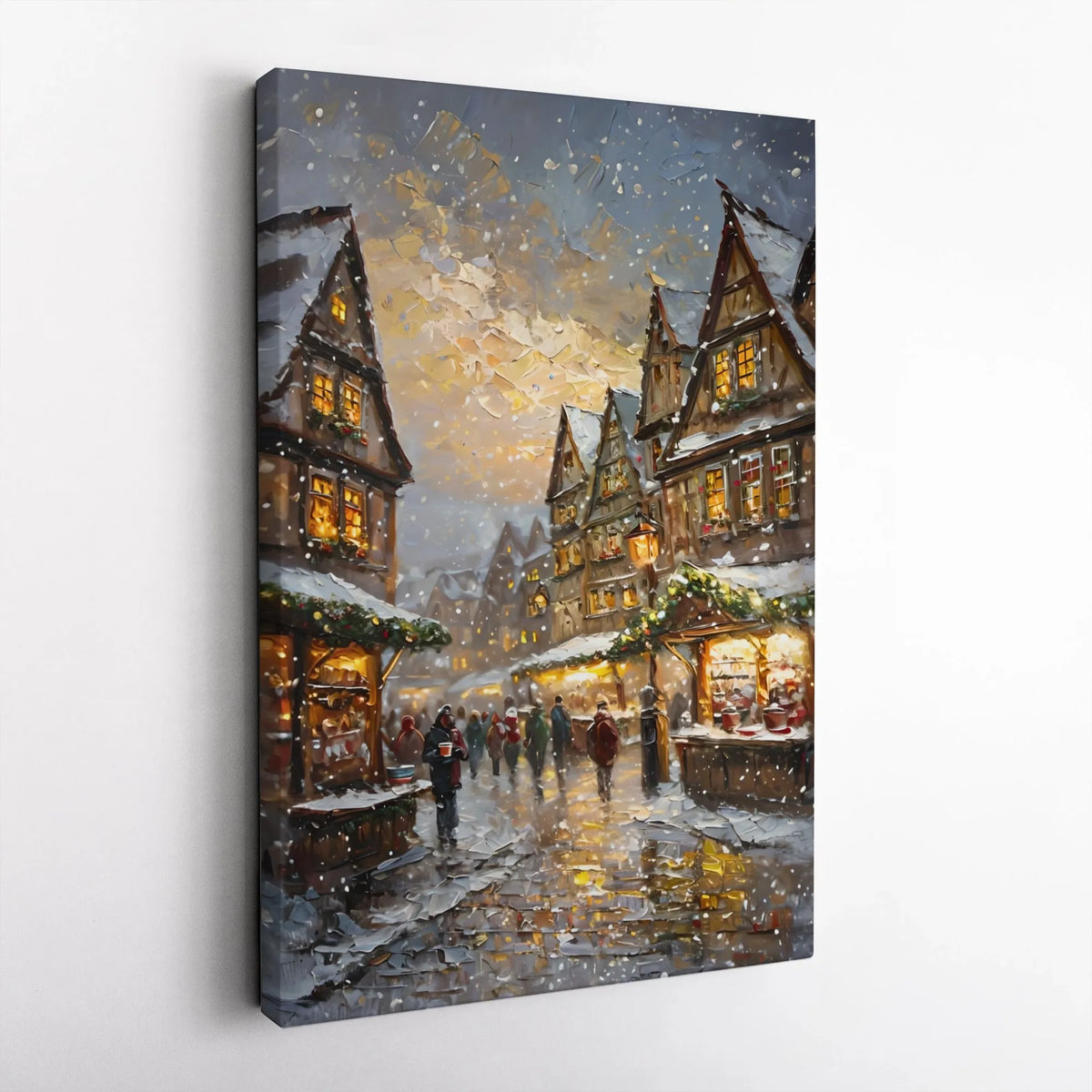 Snowy European Old Town Canvas Art, Christmas Market Canvas Print, Festive Winter Oil Painting Canvas, Comfy Holiday Wall Dec