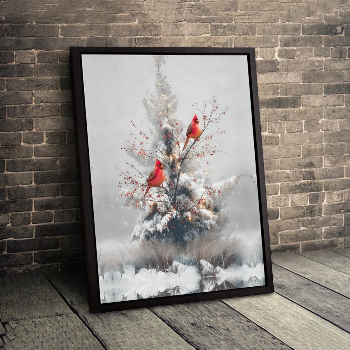 Snowy Winter Pine Branch Canvas Print, Red Cardinal Canvas Wall Art, Christmas Holiday Bird Decor, Rustic Nature Canvas Art P