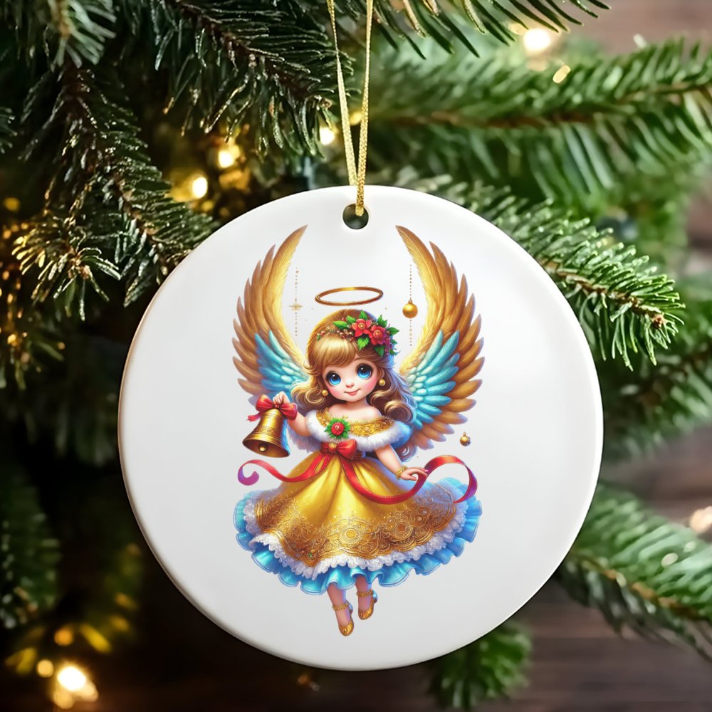 Adorable Angel Tree Ornament, Chibi Christmas Angel Ceramic Ornament, Golden Wings Angel Holiday Ornament, Ceramic Christmas 