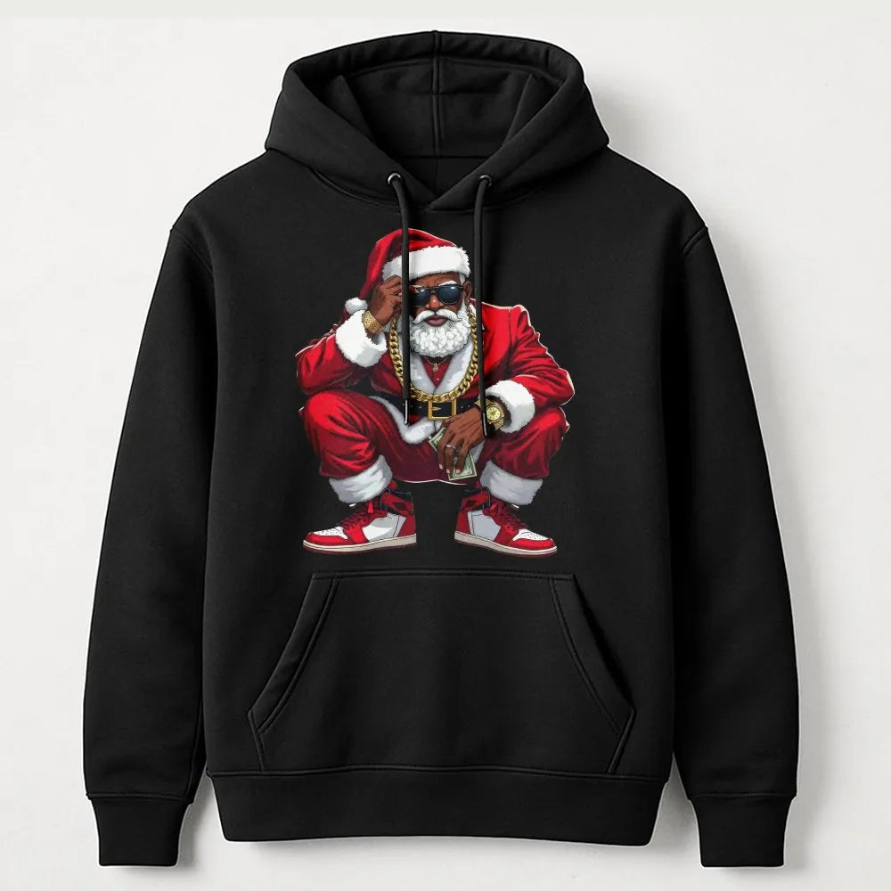 Hip Hop Streetwear Christmas Hoodie, Black Santa Hoodie, Humorous Retro Santa Hooded Sweatshirt, Urban Holiday Graphic Pullov