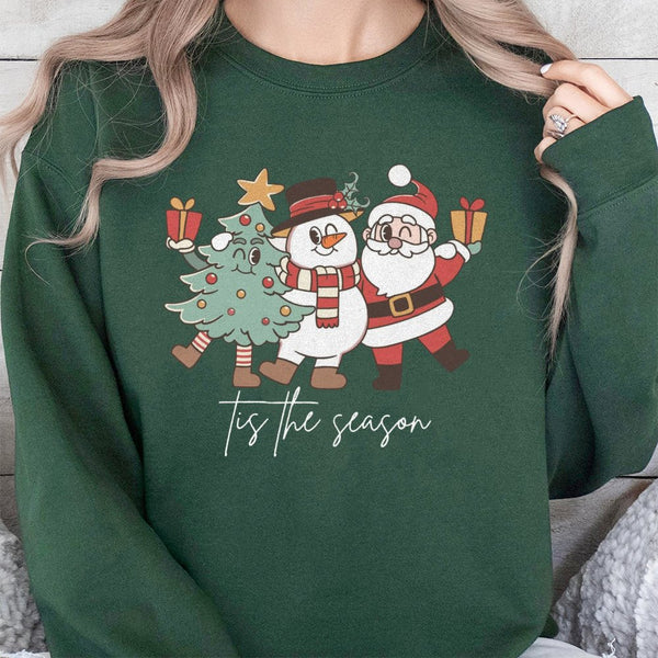 Retro Santa Snowman Tree Holiday Crewneck, Tis the Season Christmas Sweatshirt, Vintage Christmas Sweater, Family Xmas Sweats