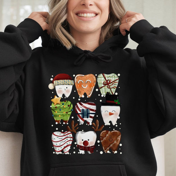 Humorous Holiday Teeth Graphic Hooded Sweatshirt, Christmas Dental Hoodie, Adorable Dentist Pullover, Dental Assistant Hygien