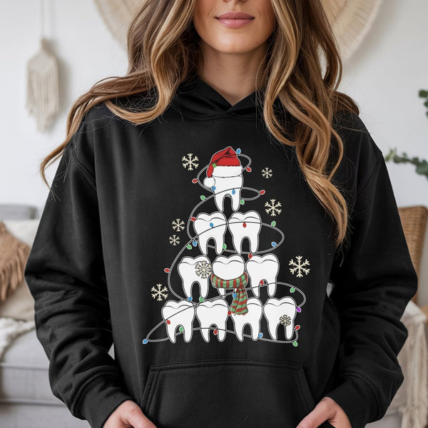 Adorable Tooth Dental Hygienist Hoodie, Dentist Christmas Tree Hoodie, Humorous Dental Assistant Holiday Hooded Sweatshirt, X