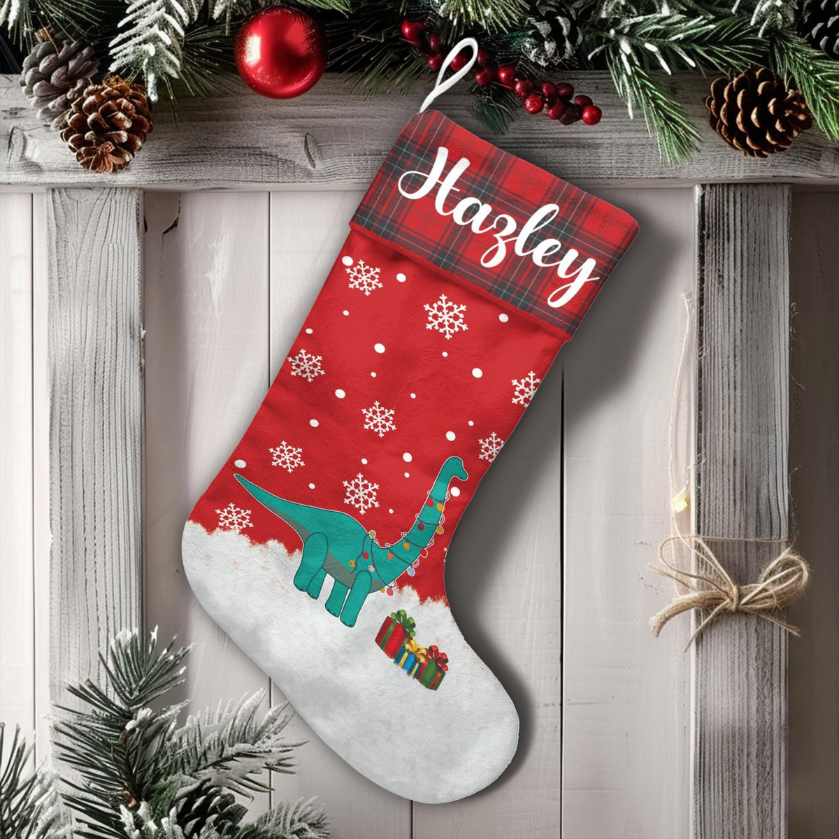 Plaid Cuff Holiday Dino Stocking, Personalized T-Rex Dinosaur Christmas Stocking, Custom Name Kids Xmas Stocking, Festive Fam