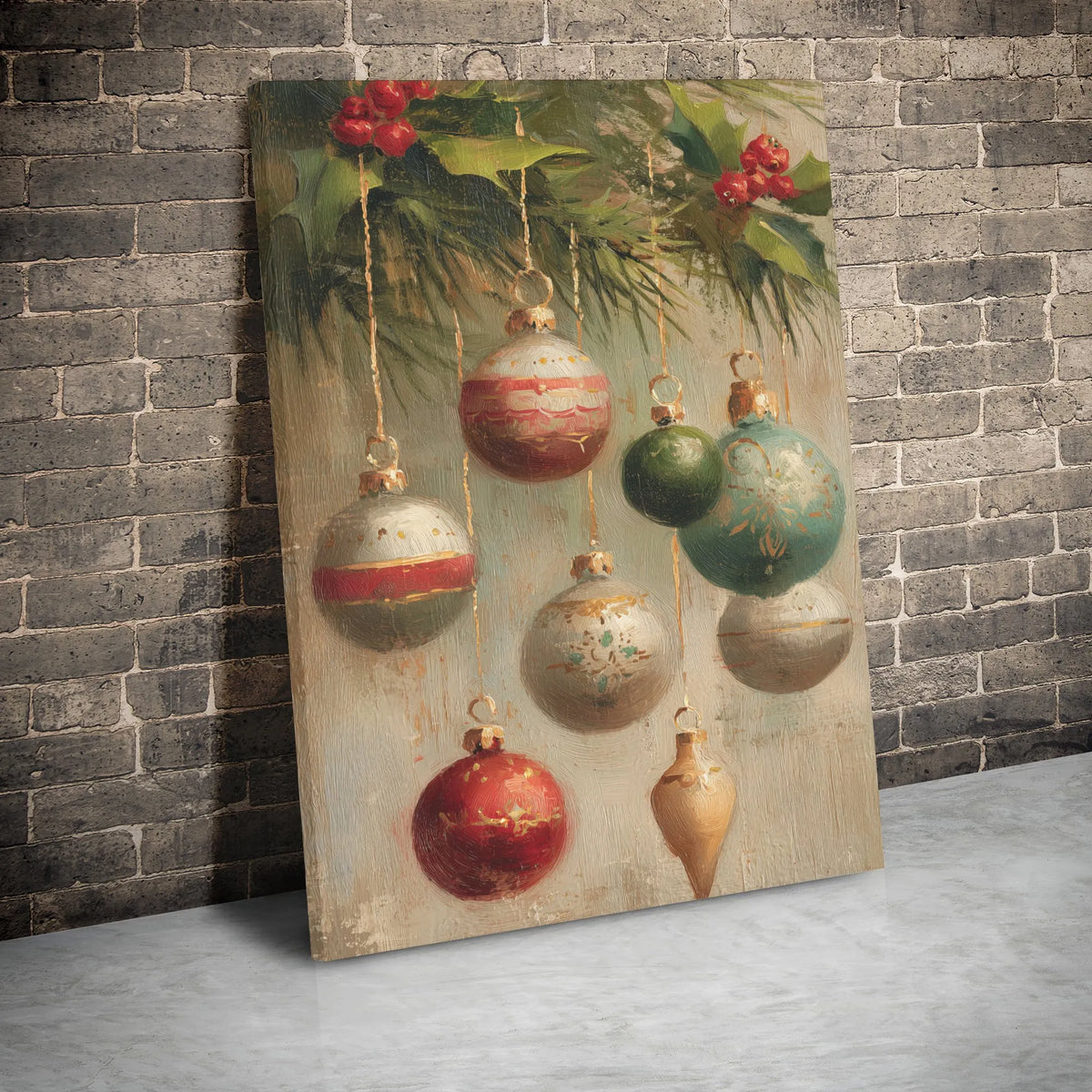Holly Berries Oil Painting Print, Vintage Christmas Ornaments Canvas Wall Art, Holiday Canvas Poster, Digital Download Decor