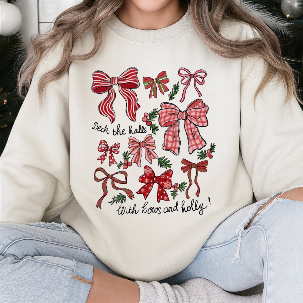 Deck the Halls Sweatshirt, Christmas Bows Sweatshirt, Coquette Holiday Bow Sweatshirt, Retro Winter Graphic Sweater, Christma